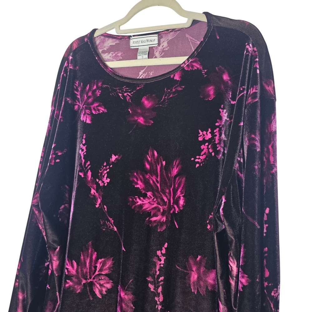 August Max Woman Velvet Floral Tunic Top 1X Purple Pink Leaf Long Sleeve Plus